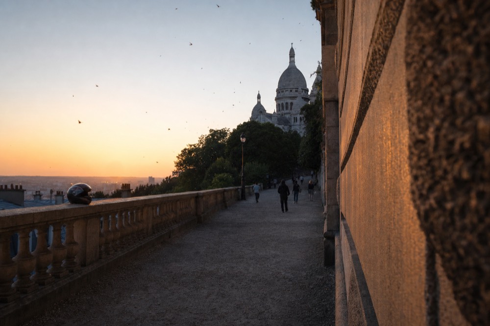 Dusk light falls on a gravel terrace with a balustrade, distant rooftops, small figures, and the Sacré-Cœur dome beyond trees.