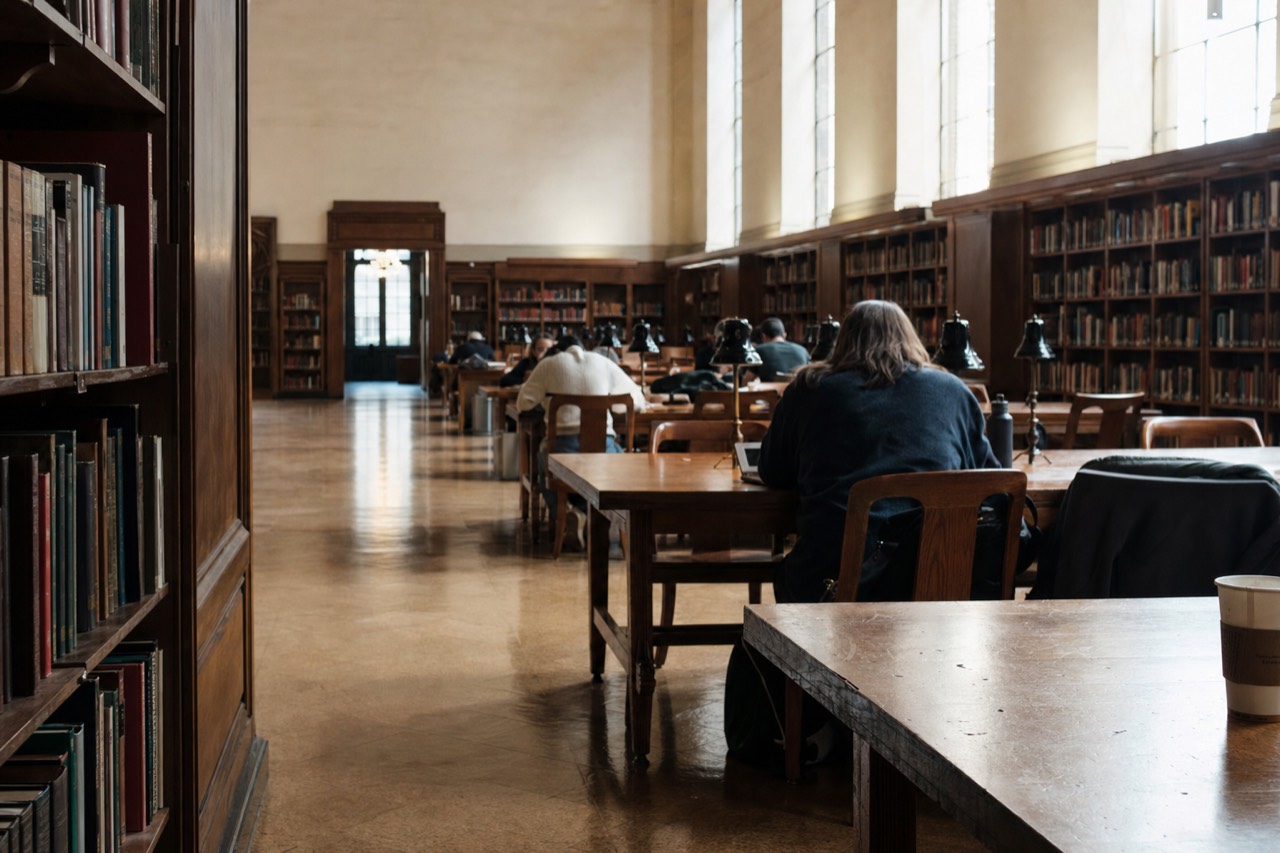 Readers sit at wooden tables in a tall-windowed library reading room lined with dark bookshelves.