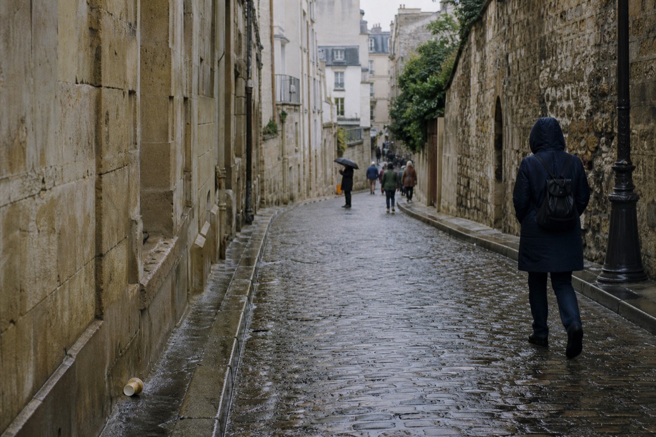 Wet narrow Paris cobbled street with limestone walls, distant walkers, a person holding a dark umbrella, and a paper cup on the kerb.