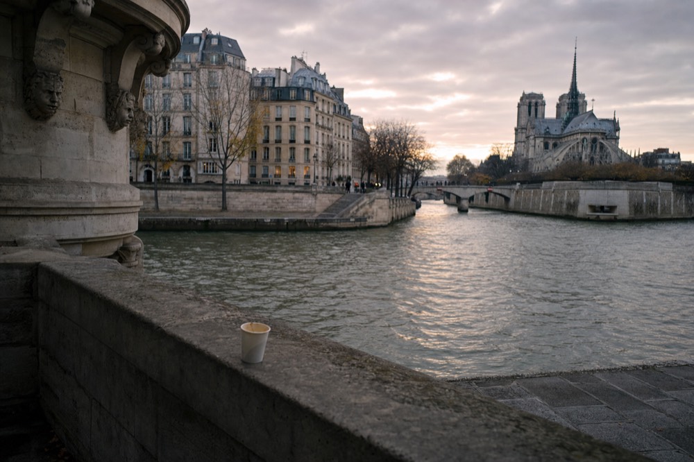 Notre-Dame rises beyond the Seine at dusk, with carved stone heads and a paper cup on a granite parapet in the foreground.