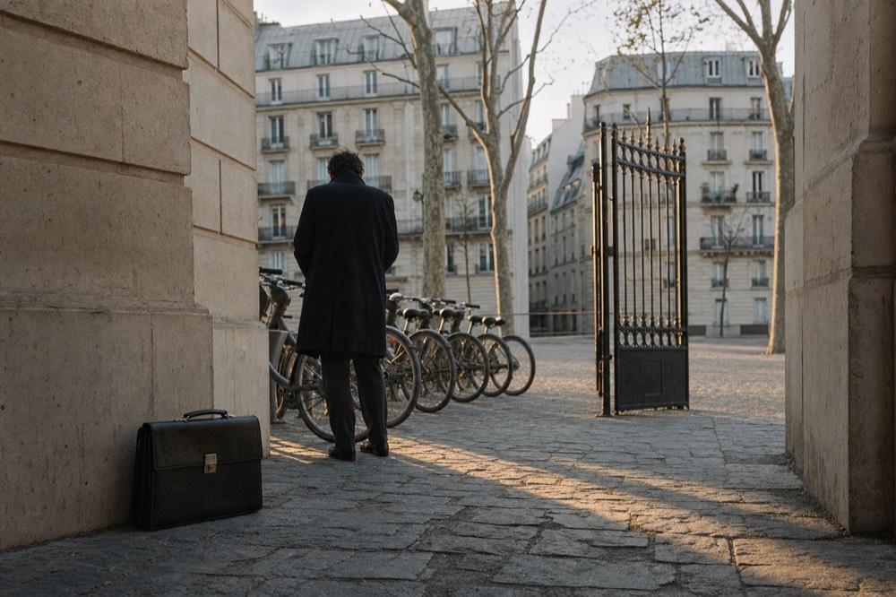 A man stands beside a row of bicycles in a cobbled Paris courtyard with an open wrought-iron gate and a briefcase by the wall.