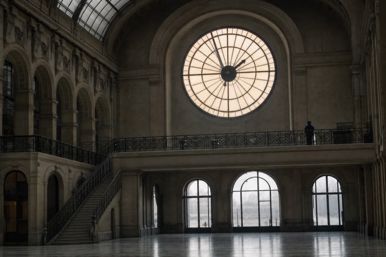A large glowing station clock overlooks an empty museum hall with arched windows, iron railings, a staircase, and one distant visitor.