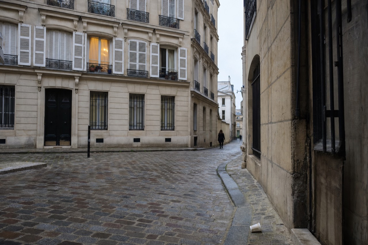 Quiet cobbled Paris side street with pale stone buildings, wrought-iron balconies, one lit window and a paper cup by the curb.