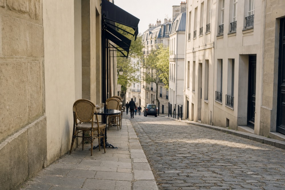 A cobbled Paris street slopes downhill past cream stone buildings, rattan cafe chairs, a small table, distant pedestrians, and a car.