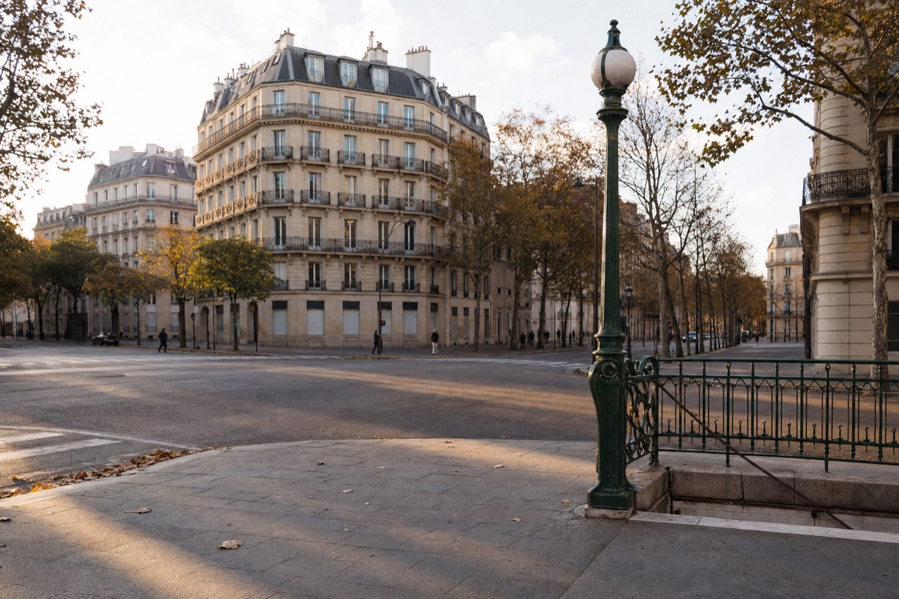 Green Art Nouveau metro lamp and railing stand by a broad Paris boulevard with Haussmann buildings and autumn trees.
