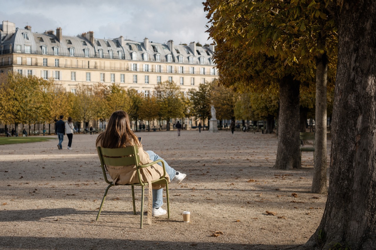 A person sits on a green chair using a phone in a gravel Paris park with autumn trees and mansard-roof buildings behind.
