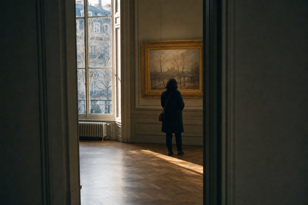A visitor stands in a quiet museum gallery before a framed painting, with winter light from tall windows on parquet flooring.