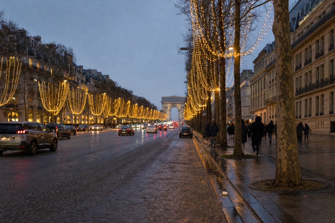 Wet Champs-Elysees at dusk with illuminated plane trees, cars, pedestrians, and the Arc de Triomphe in the distance.