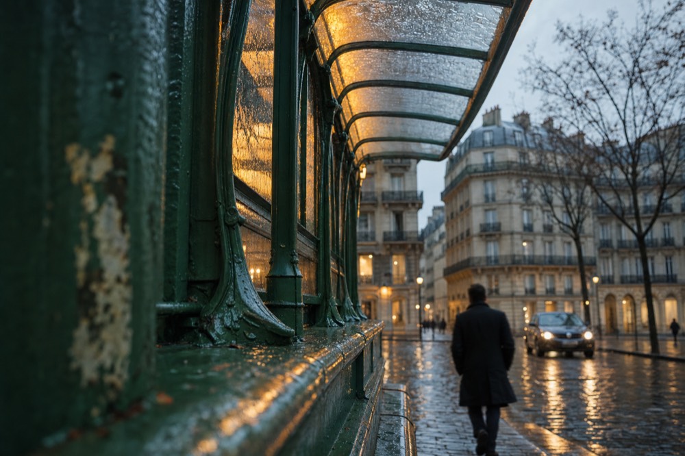 Green cast-iron metro canopy with amber glass lines a wet Paris street as a commuter walks away past Haussmann buildings.