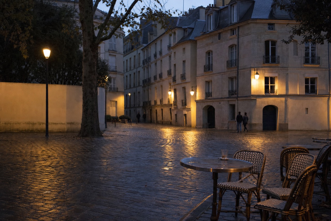 Wet cobblestone Paris lane at dusk with lit street lamps, limestone buildings, plane trees, and cafe tables with rattan chairs.