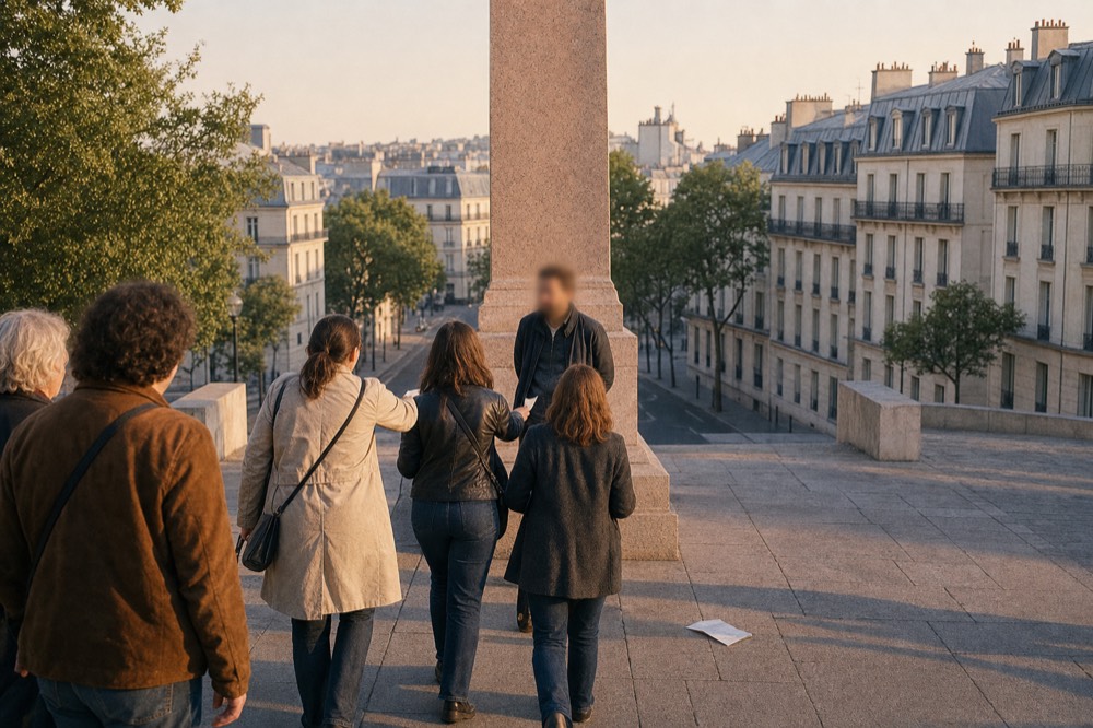 Walkers on broad stone steps hand cash to a blurred guide beside a pink granite obelisk with Paris roofs behind.