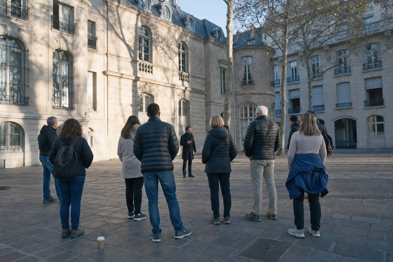 A guide addresses a small group standing on a paved Paris square beside limestone buildings and plane trees.