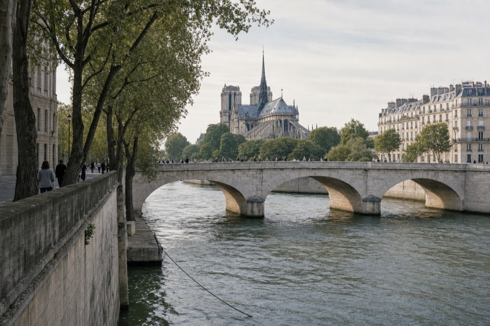 People walk along the Seine and across a pale stone bridge, with Notre-Dame and Paris apartment buildings in the background.