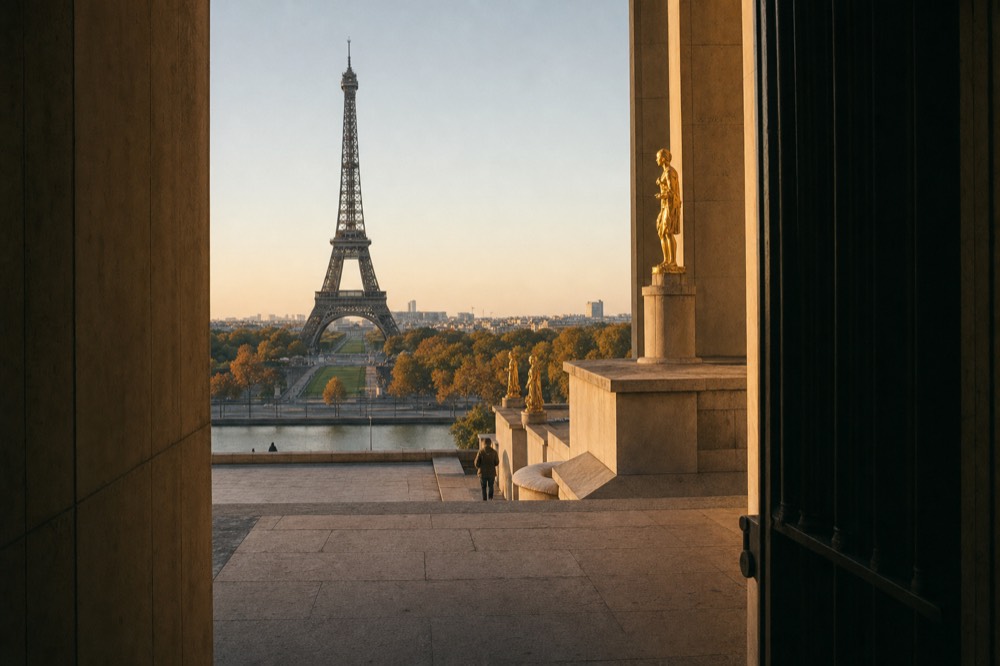 Eiffel Tower seen across the Seine from a shaded Trocadero opening with stone terraces, autumn trees, and golden statues.