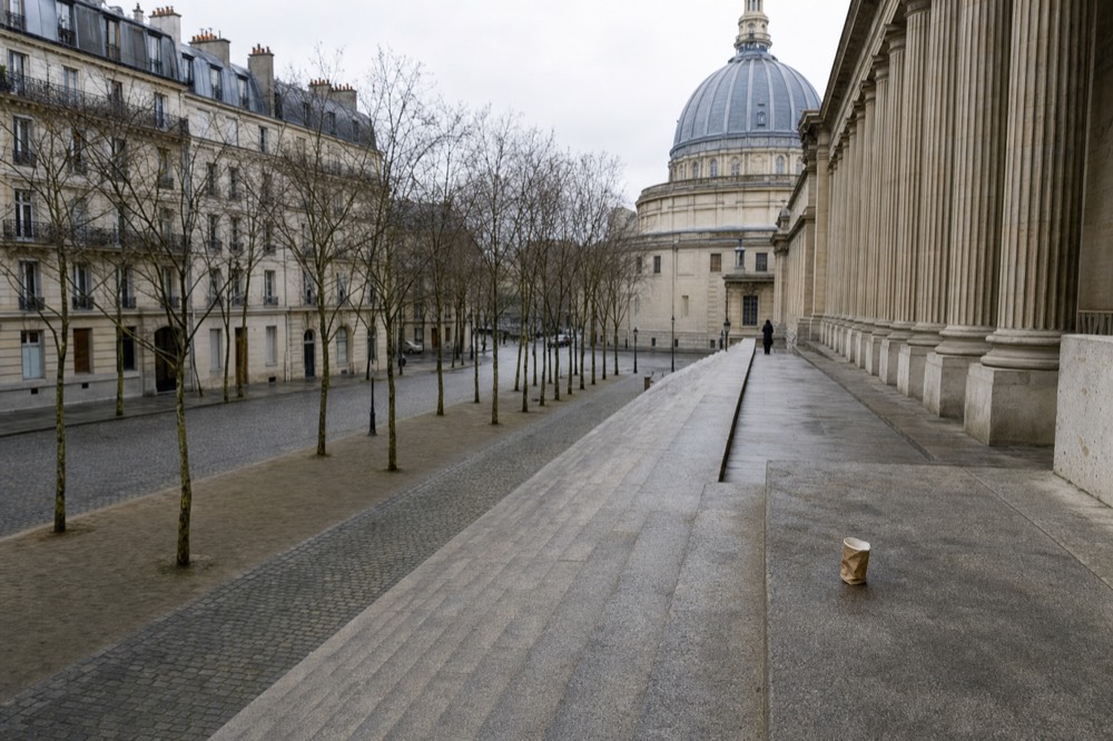 Pantheon colonnade and dome beside broad stone steps, leafless trees, Paris apartment facades, a paper cup, and distant pedestrians.