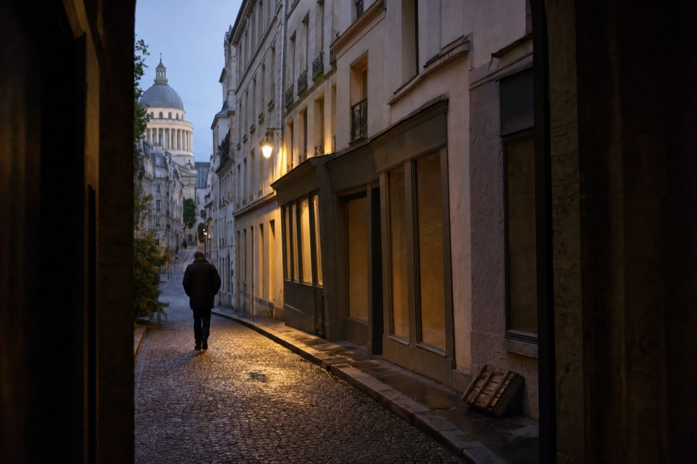 A wet narrow Paris street at dusk leads uphill toward the Pantheon dome, with blank shopfronts and one person walking away.