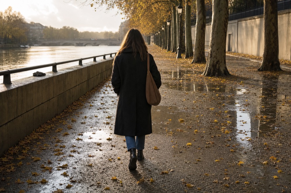 A woman walks along a wet tree-lined riverside path with autumn leaves, a stone wall, railings and a bridge in low sun.