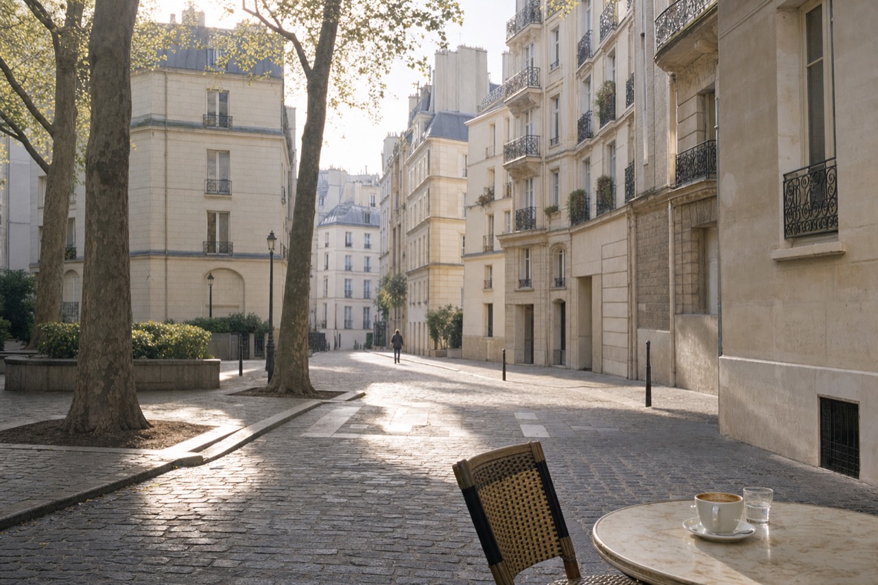 Sunlit cobbled Paris street with plane trees, limestone facades, balconies, a distant pedestrian, and a cafe table with coffee.