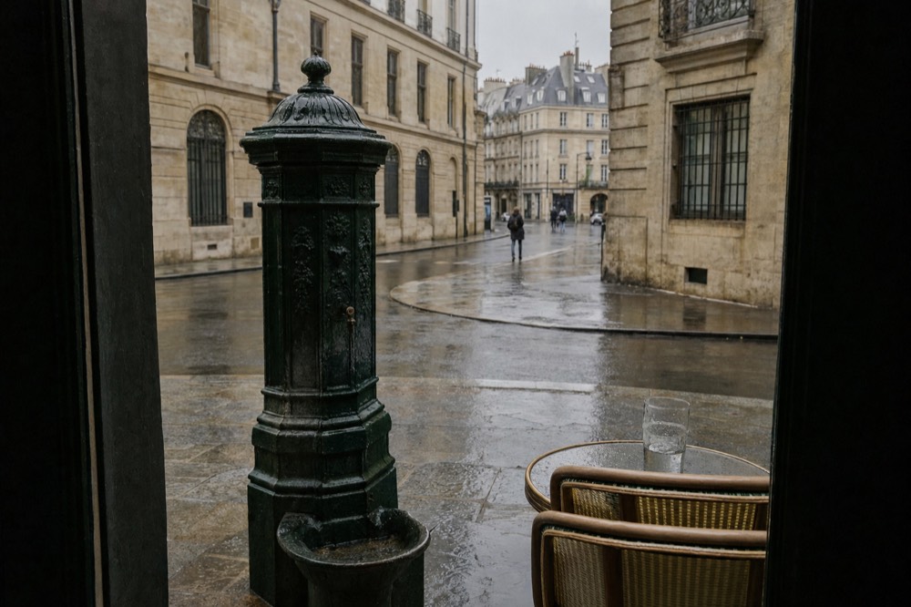 A dark green cast-iron fountain stands on a wet Paris pavement corner beside cafe chairs and a glass under limestone facades.