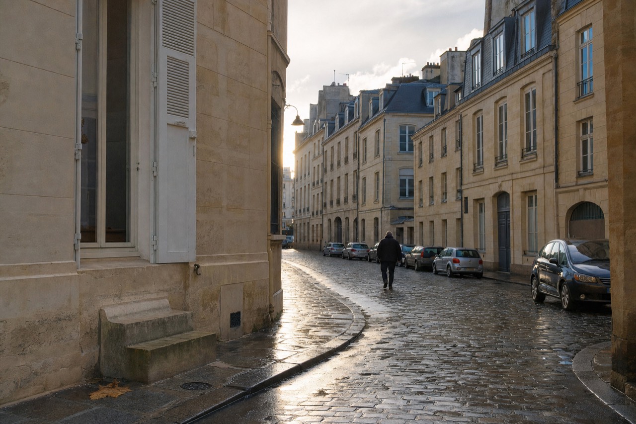 Wet cobbled Paris street lined with pale limestone facades and grey mansard roofs, with parked cars and one distant pedestrian.