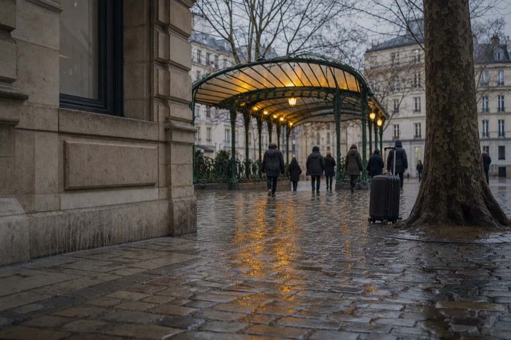 Wet cobbled Paris square with a green glass metro canopy, bare plane tree and people walking away under soft lights.
