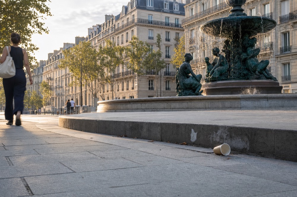 A bronze fountain stands beside a Parisian boulevard with limestone buildings, trees, pedestrians, and a tipped paper cup on paving.