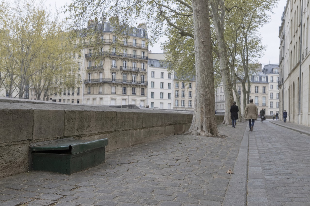 Cobbled Paris quay path with plane trees, a green steel box, distant pedestrians, and limestone apartment facades.