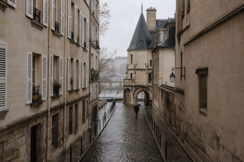 A narrow cobbled lane of tall shuttered limestone houses in the old heart of Paris on a drizzling November afternoon, a pointed slate turret closing the far end.