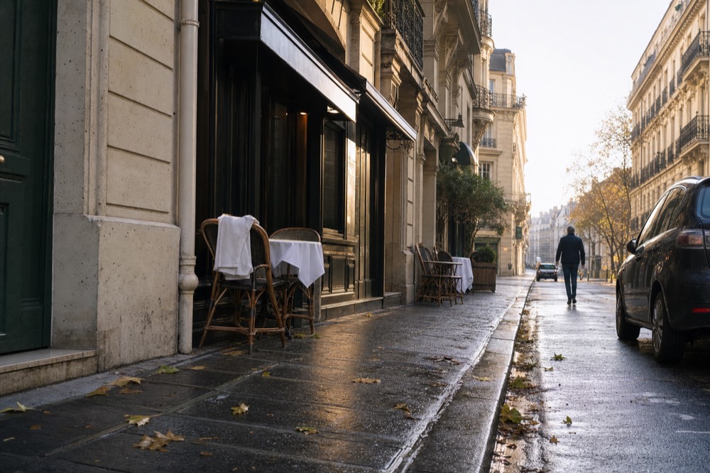 Wet narrow Paris street with Haussmann facades, cafe tables, cloths on chairs, fallen leaves, a parked car, and a distant walker.