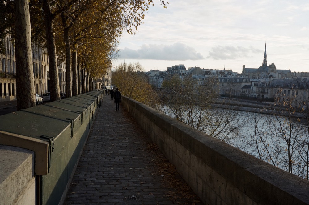 Closed green bookstalls line a cobbled Paris quay beside the Seine, with autumn plane trees and a church spire in the distance.