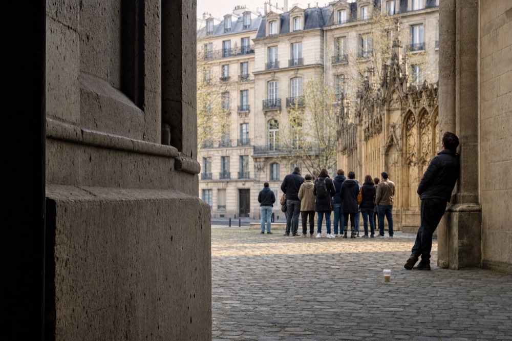 Visitors stand on a cobbled Paris forecourt beside Gothic stone tracery, with one person leaning on a column and a coffee cup nearby.
