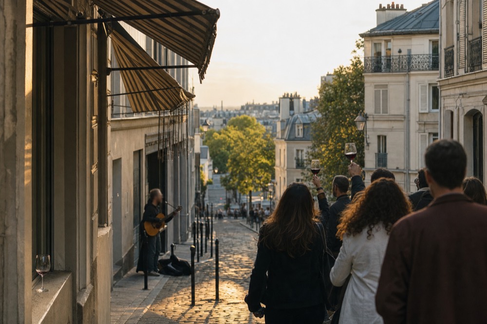 A busker plays guitar on a sloping cobbled Paris street as a small evening crowd watches with raised wine glasses.
