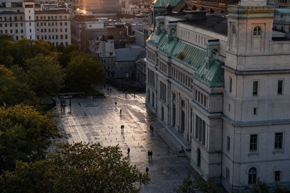 High view of a pale stone opera house with green copper roofs beside a wet plaza with trees, pigeons and distant pedestrians.