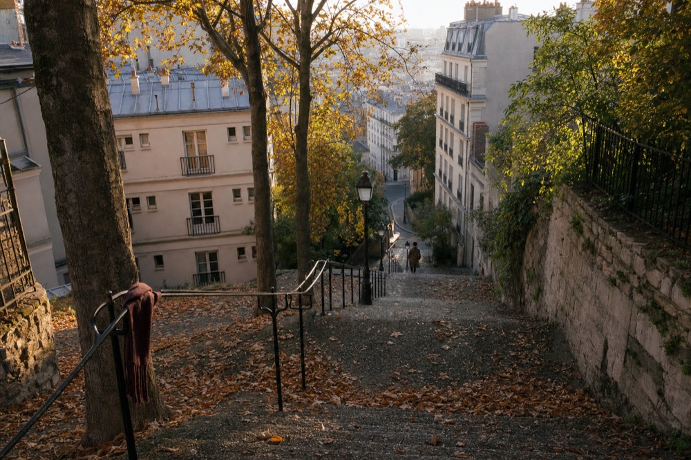 Leaf-strewn steps descend between autumn trees, railings, stone walls and Paris apartment buildings, with a scarf tied to a railing.
