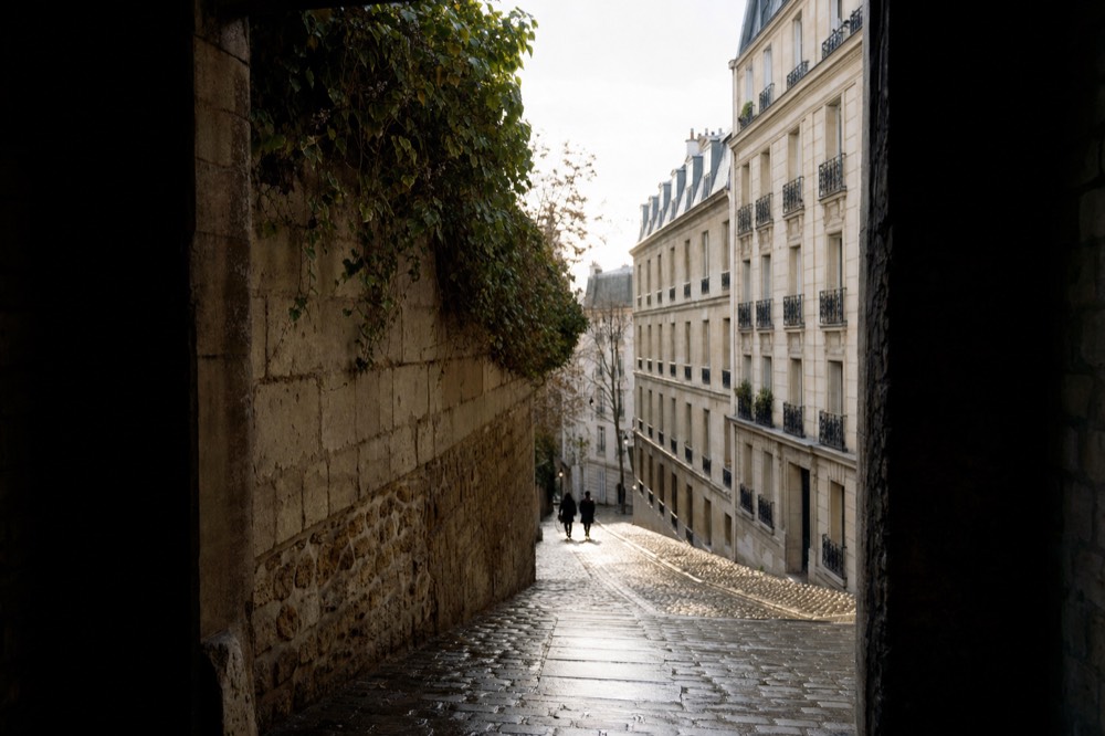 A narrow wet cobbled passage runs beside an ivy-covered stone wall toward distant figures and Paris apartment facades.