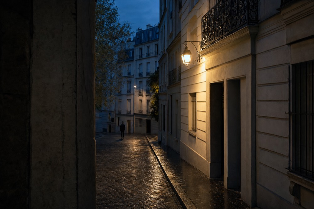 A wet cobbled Paris lane at blue hour is lit by a wall lantern, with cream stone facades, iron balconies and one distant figure.