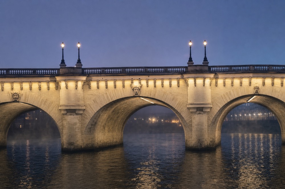 Illuminated stone arches of a Paris bridge span the Seine at blue dusk, with lamps glowing and reflections on the water.