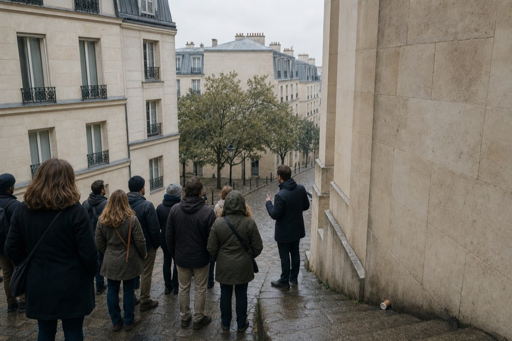 A guide addresses a small group on wet stone steps between Paris limestone buildings, with trees and zinc roofs beyond.