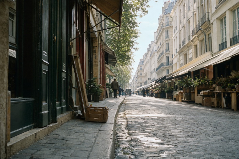 Sloping cobbled Paris market street with cream buildings, awnings, crates, flower stalls, damp patches and distant pedestrians.