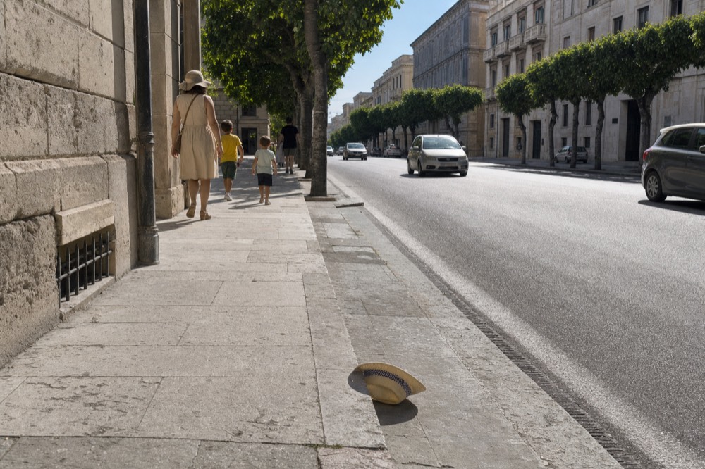 A woman and two children walk along a broad stone pavement beside a sunny boulevard lined with clipped trees and pale buildings.
