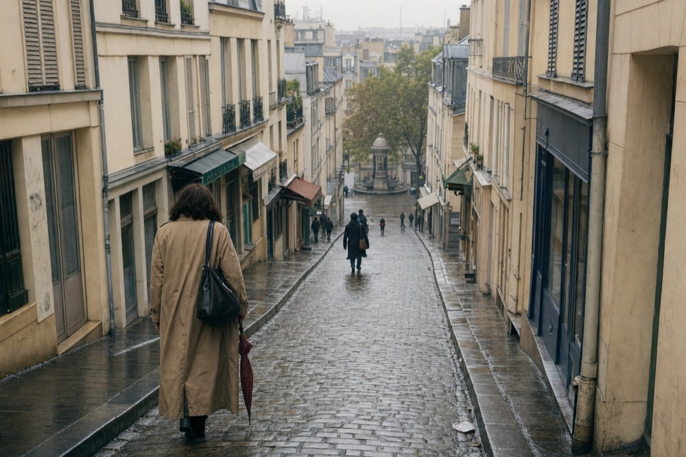 Wet cobblestone Paris street descends between cream buildings toward a small fountain, with pedestrians seen from behind.