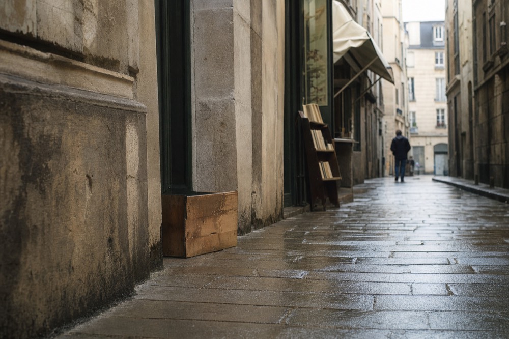 Wet narrow Parisian stone lane with shuttered shopfronts, book racks, and a distant pedestrian in drizzle.
