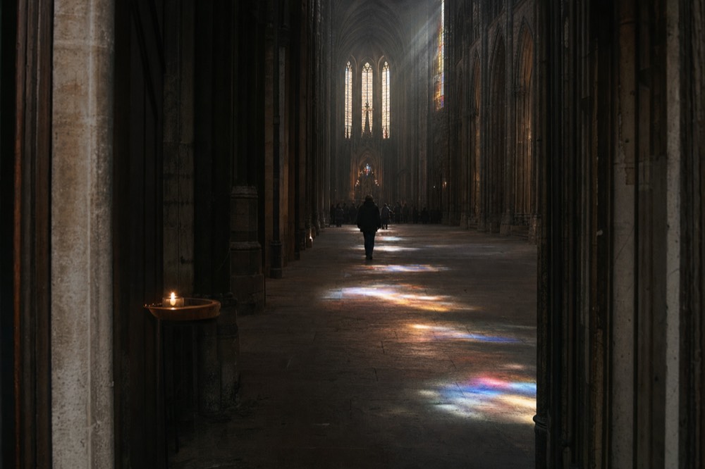 Dim Gothic church aisle with stone columns, stained glass light on the floor, a candle, and distant visitors.