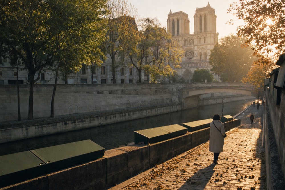 Notre-Dame rises beyond the Seine as walkers pass green riverside boxes on a cobbled quay in warm evening light.