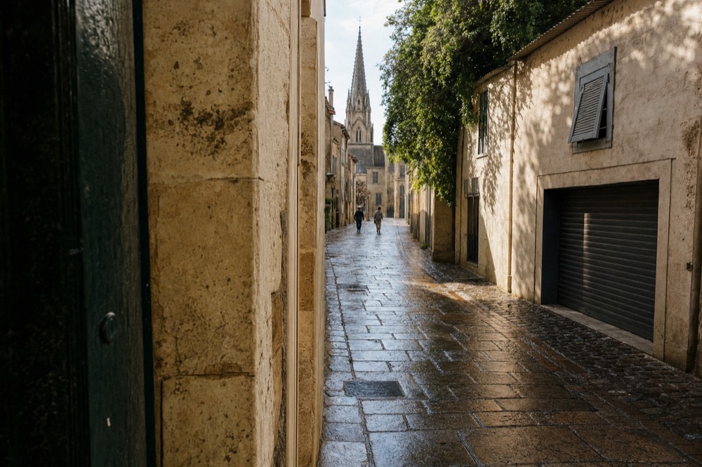 A wet narrow limestone street leads past shuttered facades toward a distant church spire with two pedestrians walking away.