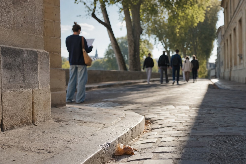 A person reads a paper map beside a limestone corner as several walkers pass along a cobbled Paris lane under plane trees.