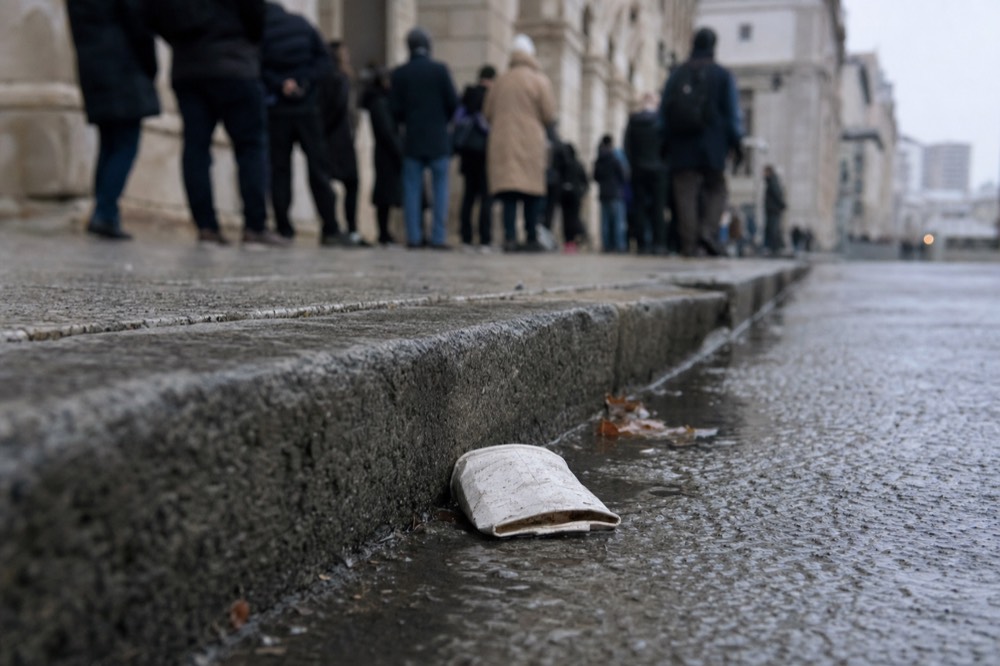 Wet granite kerb with a crushed paper cup in front of a blurred queue beside pale stone museum facades on a grey morning.