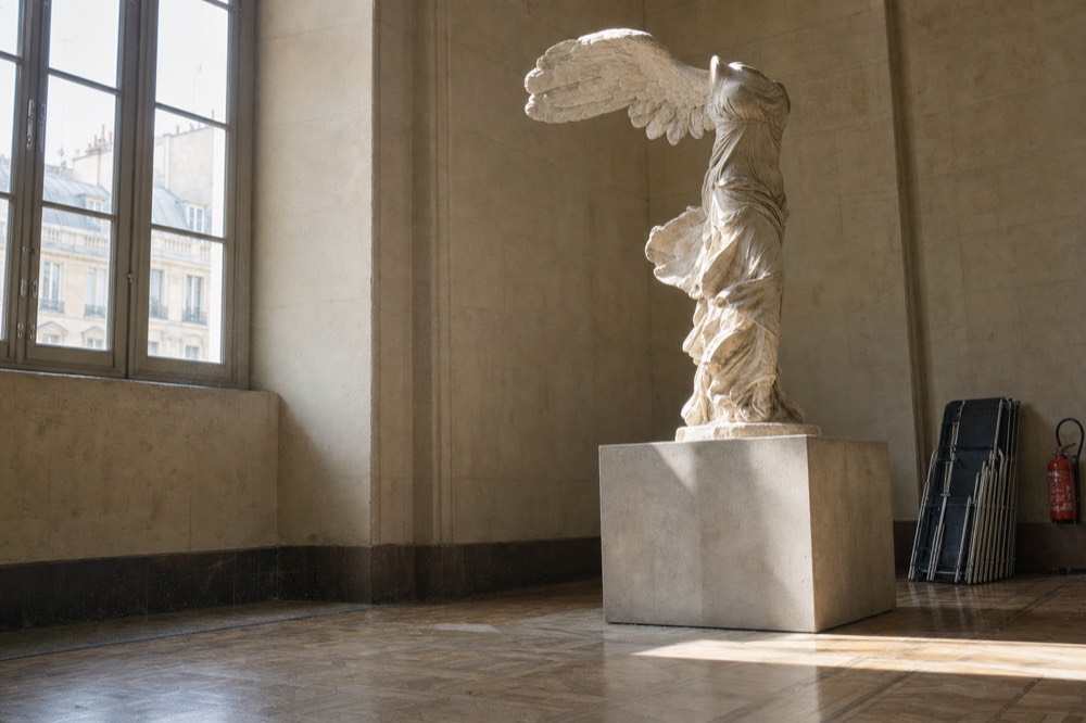 Sunlight from tall windows lights a marble winged statue on a plinth in a limestone gallery, with folded chairs and a fire extinguisher.