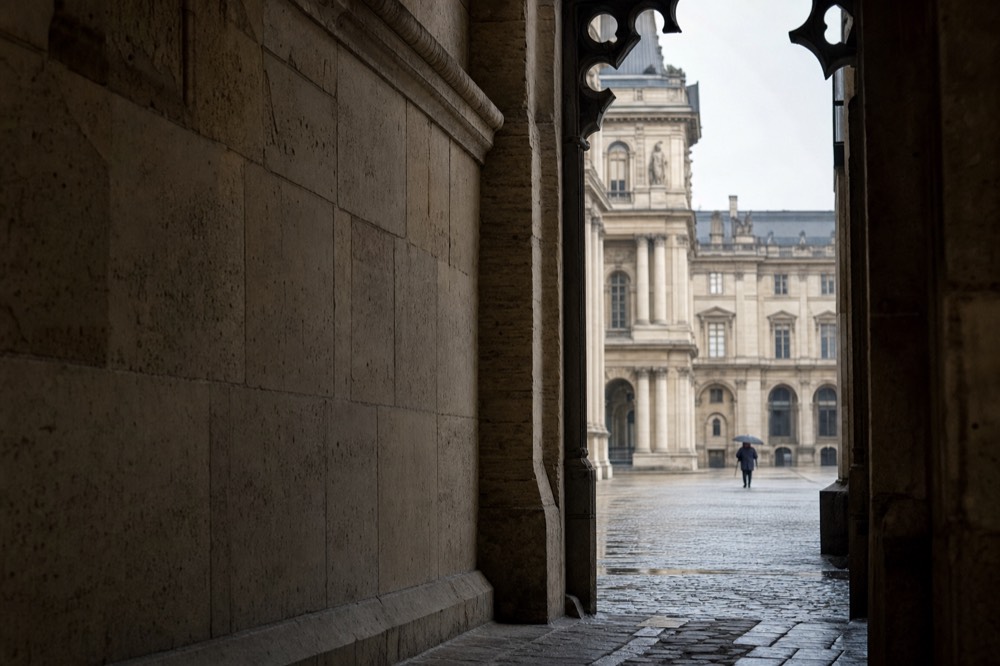 Dark stone doorway frames a wet cobbled Louvre courtyard with pale classical facades and a distant umbrella holder.