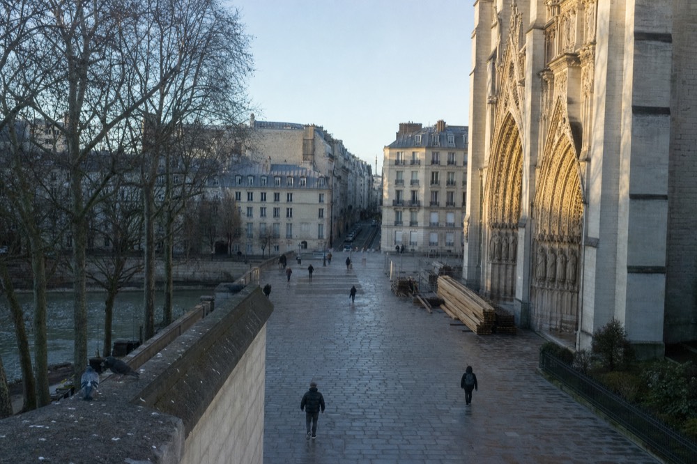 A Gothic cathedral facade borders a stone parvis beside bare plane trees and Paris apartment buildings on a winter morning.
